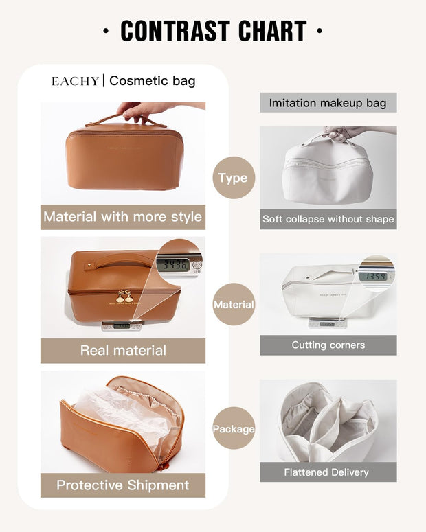 Travel Makeup Bag,Large Capacity Cosmetic Bags for Women,Waterproof Portable Pouch Open Flat Toiletry Bag Make up Organizer with Divider and Handle (Brown, Medium)