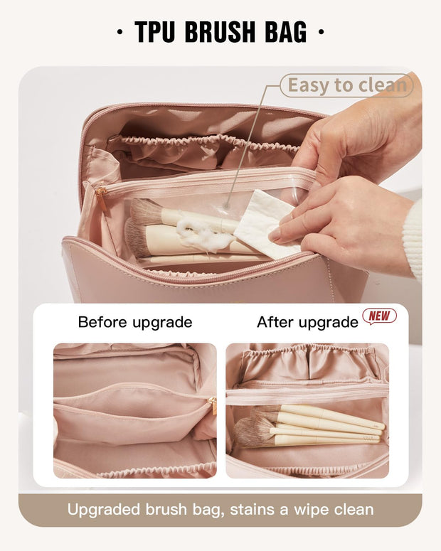 Travel Makeup Bag,Large Capacity Cosmetic Bags for Women,Waterproof Portable Pouch Open Flat Toiletry Bag Make up Organizer with Divider and Handle (Brown, Medium)